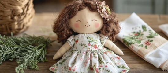 Fototapeta premium Charming handkerchiefs with a cute cloth doll ideal for decorative purposes or unique gifting options in a cozy setting.