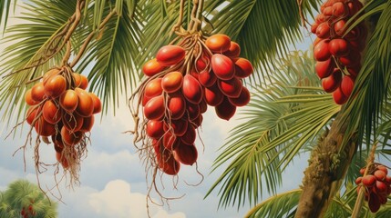 Nypa fruticans palm tree with clusters of ripe fruits against a tropical backdrop