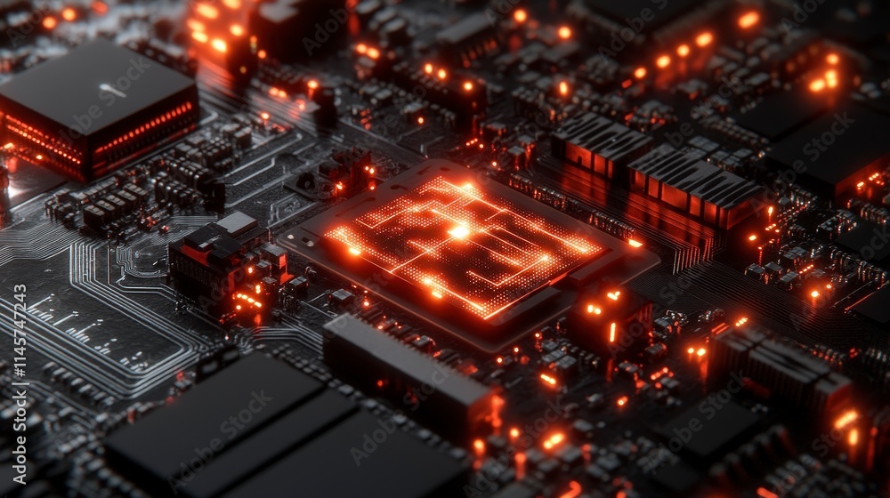 Poster close-up of a futuristic circuit board with glowing orange components. the central processing unit i