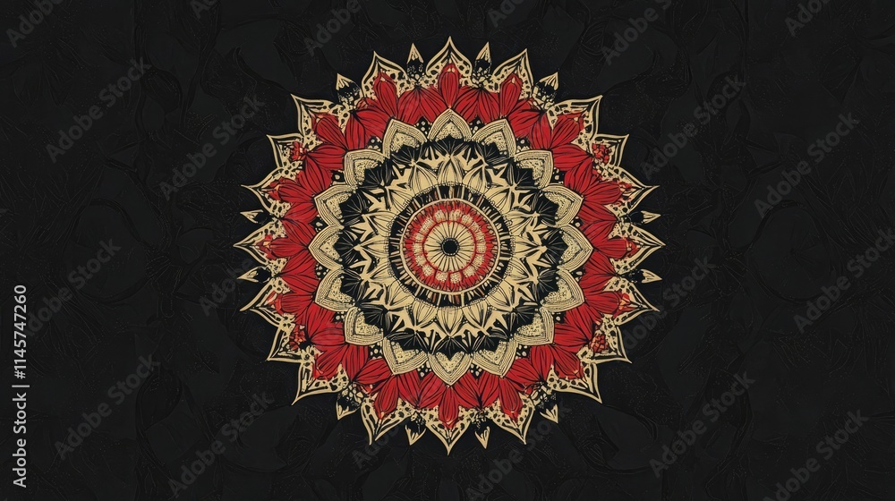 Poster colorful mandala design on a dark background with intricate patterns and shapes showcasing artistry 