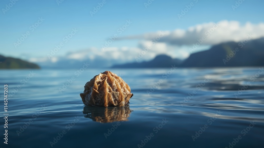 Poster a floating shell is seen in calm waters, surrounded by mountains and a clear blue sky, creating a se