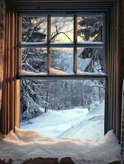 Snowy Winter Landscape Viewed Through a Rustic Window