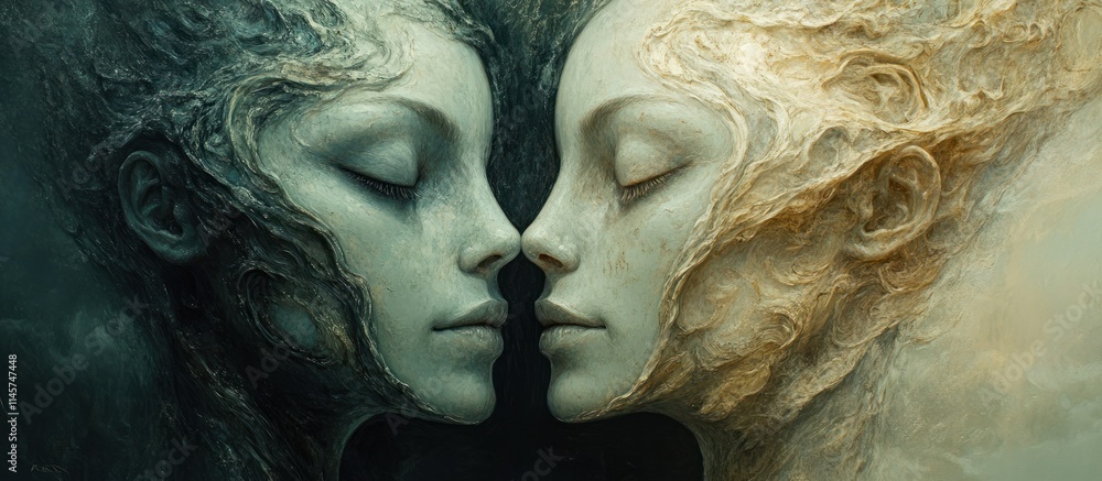 Poster two ethereal faces merging in a surreal, dreamlike embrace, symbolizing unity and connection.