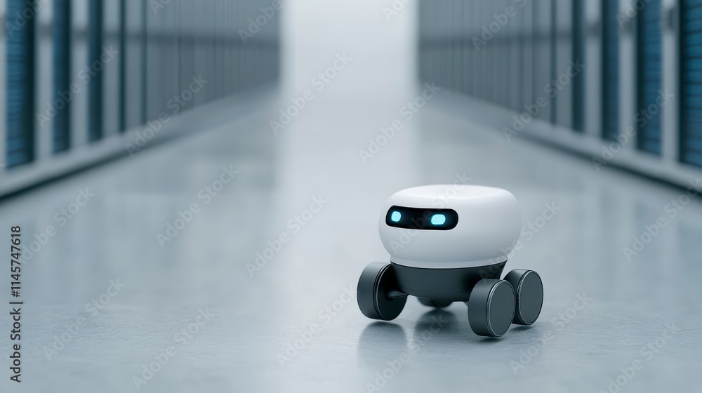 Poster a small, wheeled robot navigates a modern data center, showcasing advanced technology in an organize