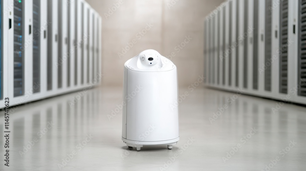 Poster a sleek, white robotic device positioned in a modern storage facility, flanked by high-tech server c