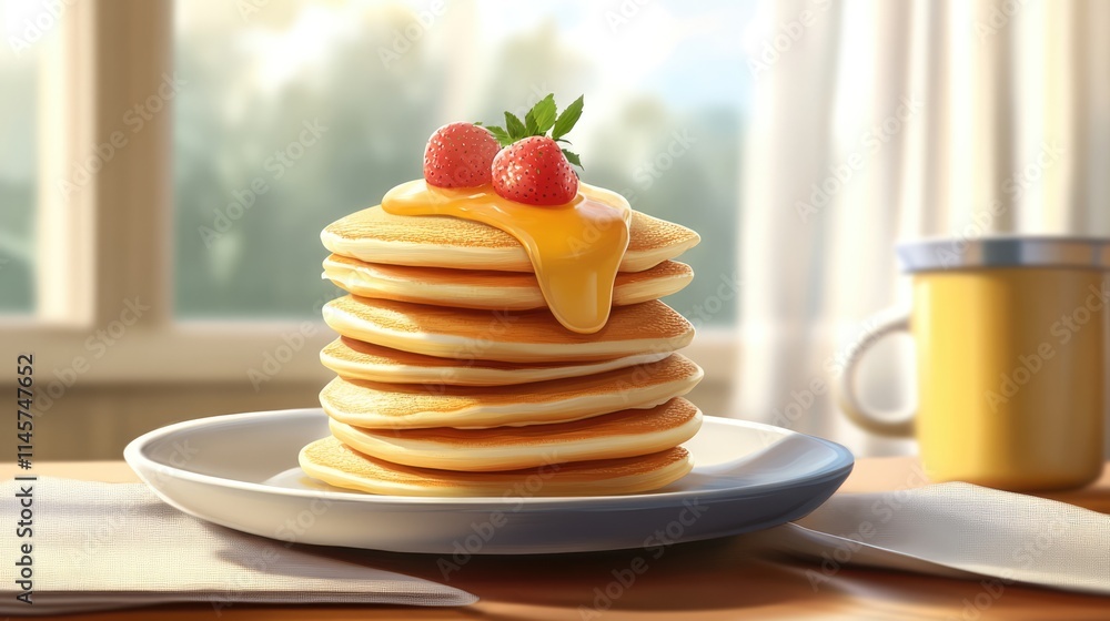 Aufkleber delicious stack of fluffy pancakes with syrup topped with berries on a sunny breakfast table setting
