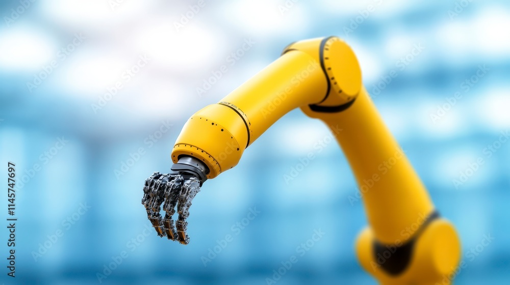 Poster a close-up of a yellow robotic arm with a metallic hand, set against a blurred background, showcasin