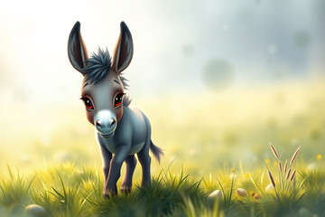 Adorable Baby Donkey in a Sunny Meadow: A Digital Painting of a Cute Young Donkey Grazing in a Lush Green Field