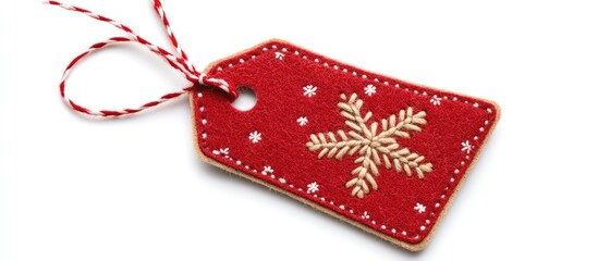 Festive red felt Christmas gift tag with snowflake design and twine, isolated on a white background for holiday decoration elements