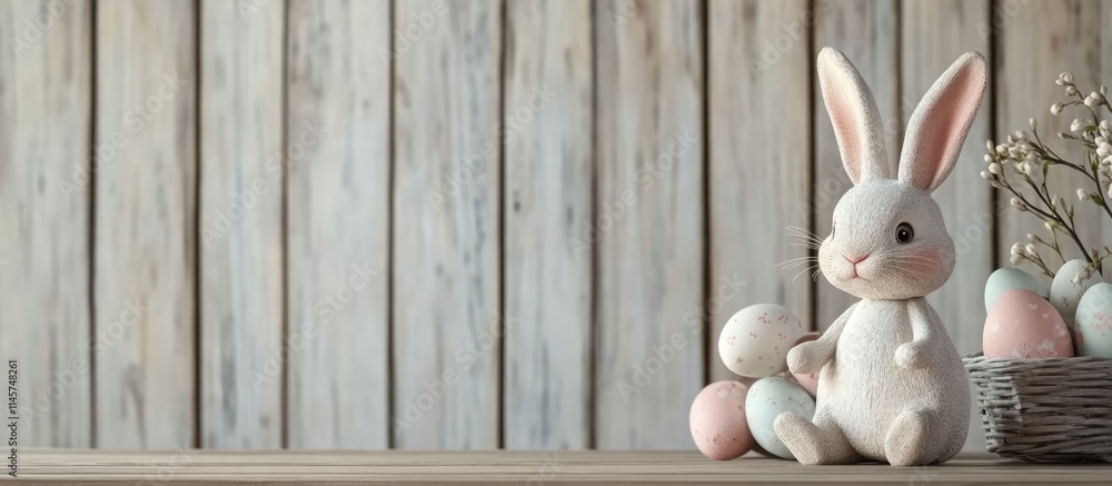 Poster easter decoration with pastel colored eggs and a plush bunny on a rustic wooden backdrop creating a 