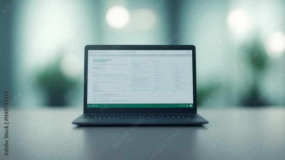 Poster a sleek laptop displays a software interface, set against a modern, softly blurred background with h