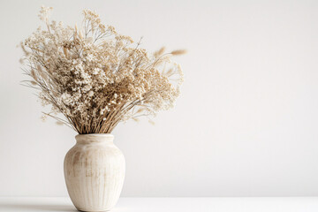 Boho Dried Flowers Still Life Clay Vase with copy Space