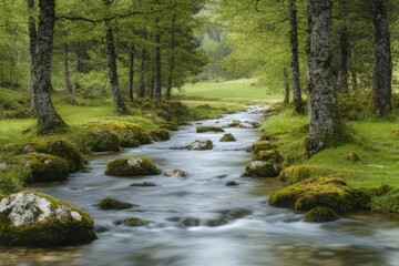 A serene forest scene featuring a flowing stream, mossy rocks, and lush green trees.