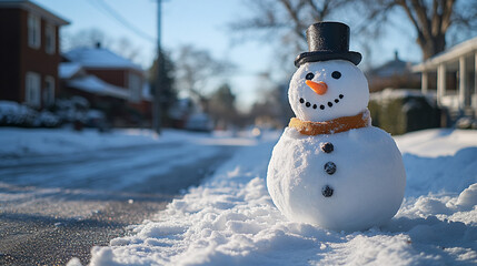 Obraz premium A snowman perched on the snow with snowflakes gently falling around it, creating a cozy and festive atmosphere in a beautiful winter landscape.