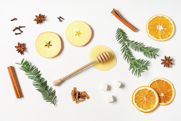 Composition with different ingredients for mulled wine on white background