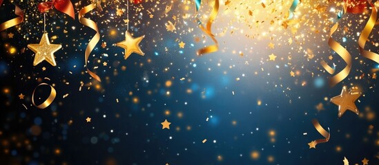 Festive banner with shiny stars confetti and ribbons on a gold and blue backdrop ideal for celebrations and promotional events