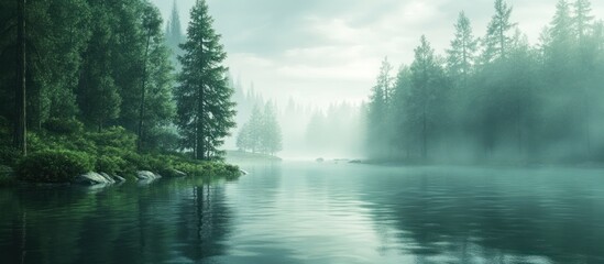 A serene lakeside scene with misty trees reflecting on calm water.