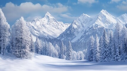 Obraz premium Snowy winter mountains vista. Snowy forest and mountain backdrop. Winter nature vector graphic for Christmas design. Hiking concept.