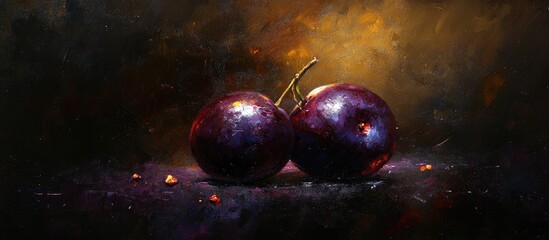 Naklejka premium Plums on dark background showcasing rich colors and texture emphasizing their freshness and allure in a painterly style