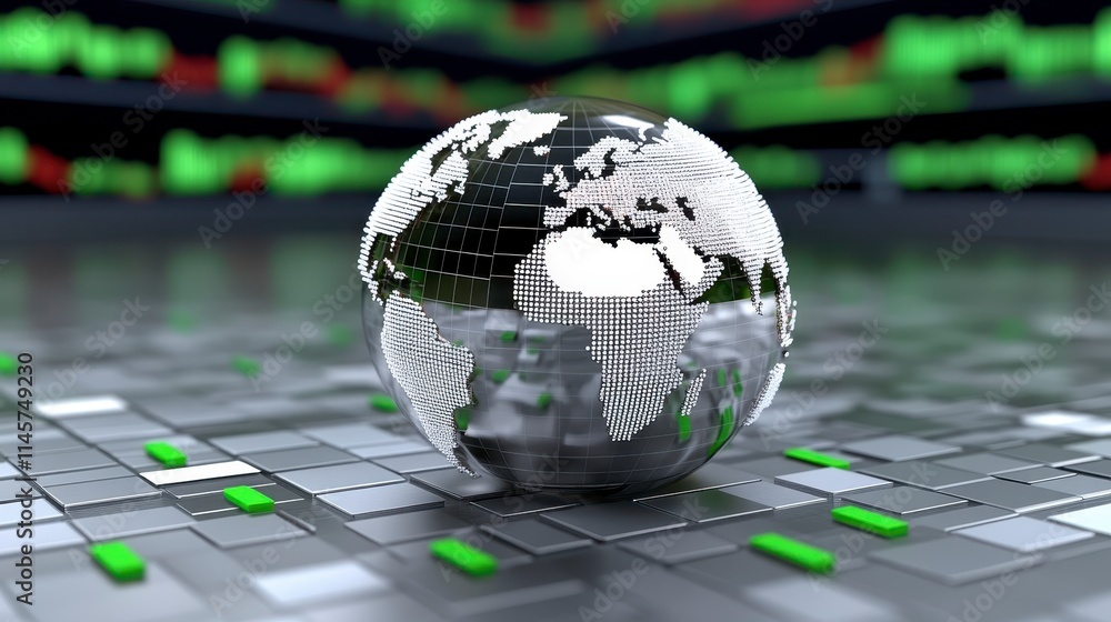 Poster a digital globe sits on a structured surface, symbolizing global connectivity and data analysis, wit