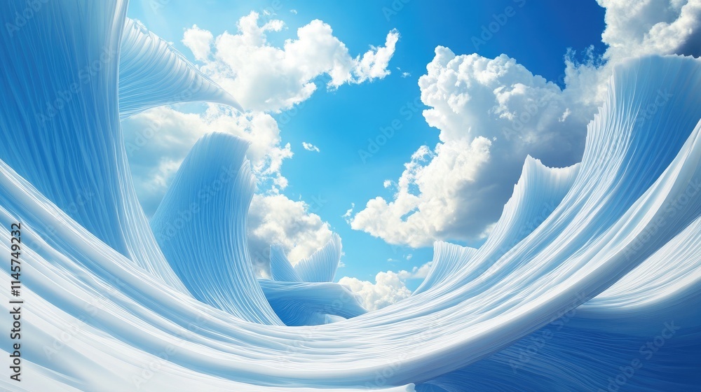 Poster serene blue sky with white clouds and flowing abstract waves ideal for presentations and creative de