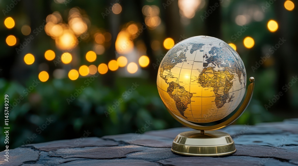 Poster a beautifully illuminated globe sits on a stone surface, surrounded by soft bokeh lights, creating a