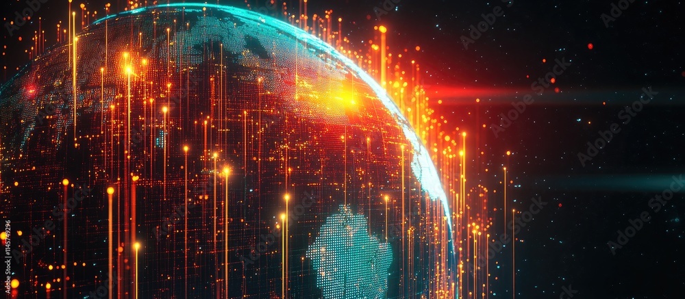 Poster global digital connectivity concept with illuminated world map showcasing big data transfer and cybe
