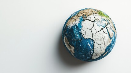 Cracked earth globe representing environmental issues and climate change on a minimalistic white background