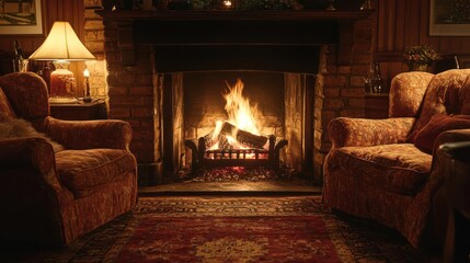 Cozy living room with a roaring fireplace and comfortable armchairs.