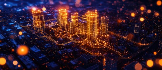 Naklejka premium Electric city skyline illuminated at night showcasing power distribution and electrical engineering concepts in urban environments.