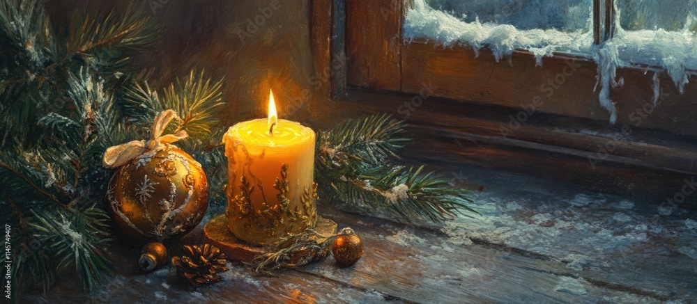 Aufkleber advent candle glowing warmly beside pine branches and festive ornaments on a rustic wooden table wit