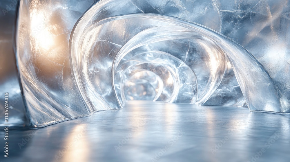Poster translucent spiral tunnel of ice with glowing light reflections in a futuristic abstract environment