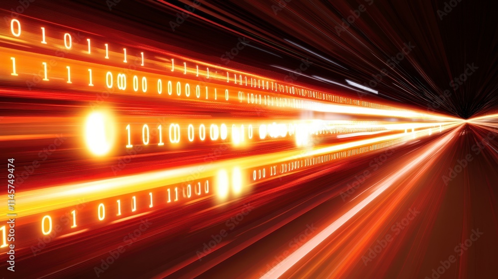 Poster binary code streams through a vibrant red and orange tunnel of light creating a sense of rapid data 