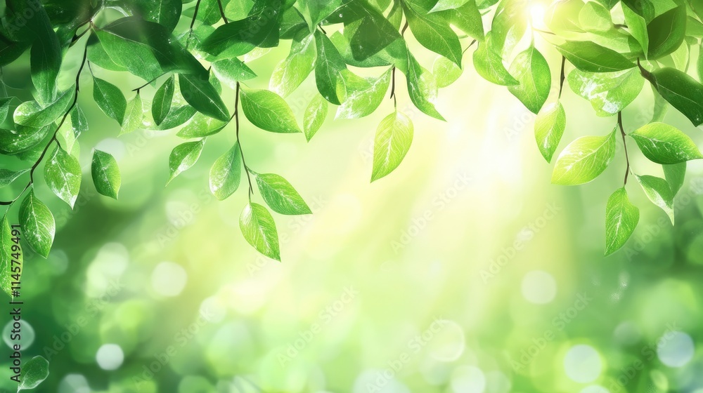 Poster lush green foliage illuminated by sunlight creating a serene nature background with a soft bokeh eff