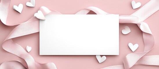 Elegant greeting card mockup with a pink ribbon and white heart accents on a soft pastel background for invitations and celebrations.