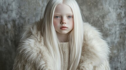 Slavic albino girl with long hair in a fur jacket, posing elegantly for a photo. Ideal for children's fashion campaigns, winter apparel ads, and diversity awareness initiatives