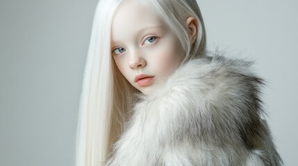 Slavic albino girl with long hair in a fur jacket, posing elegantly for a photo. Ideal for children's fashion campaigns, winter apparel ads, and diversity awareness initiatives