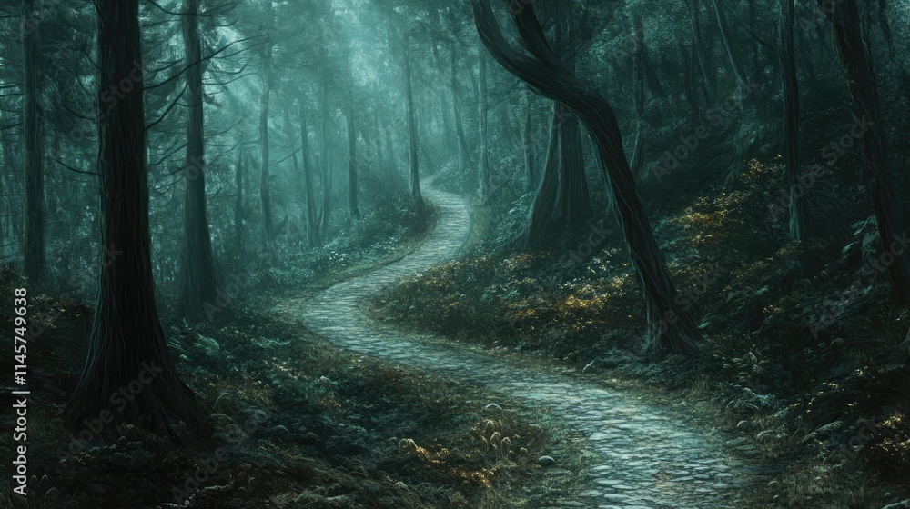 Aufkleber mysterious misty forest path winding through lush trees inviting exploration and tranquility in natu