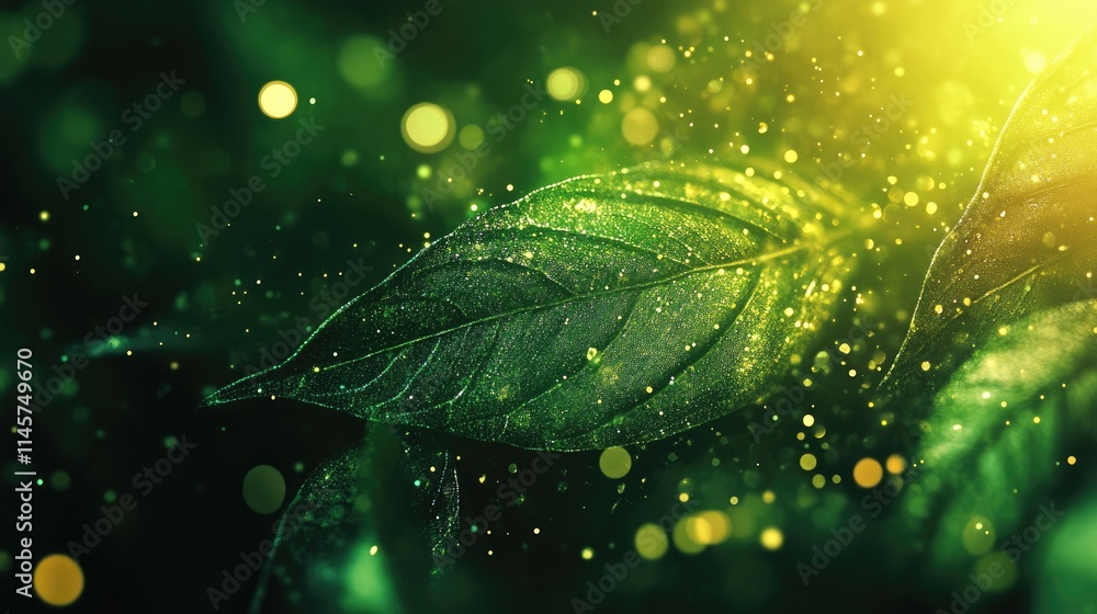 Poster green bokeh sunlight flare abstract texture with blurred leaves creating a mystical nature backgroun