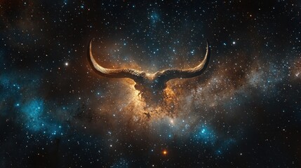 A cosmic scene featuring a bull's horns amidst a starry galaxy backdrop.