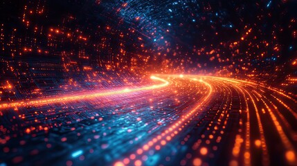 Fototapeta premium Cyber space and speed of light with neon circuit symbolize a futuristic computer server, cloud computing, IT innovation, technology, fast connection, motherboard system, and hardware.
