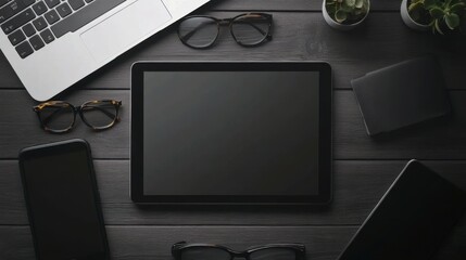 Top view of tablet isolated black screen and smartphones white screen for mock up design or advertisement display on laptop computer keyboard with eyeglasses on wooden table