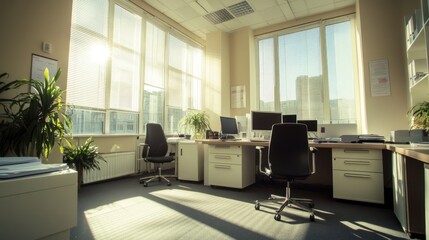 Sunlit Modern Office Interior Design: Bright Workspace with Desk, Chairs, and Plants