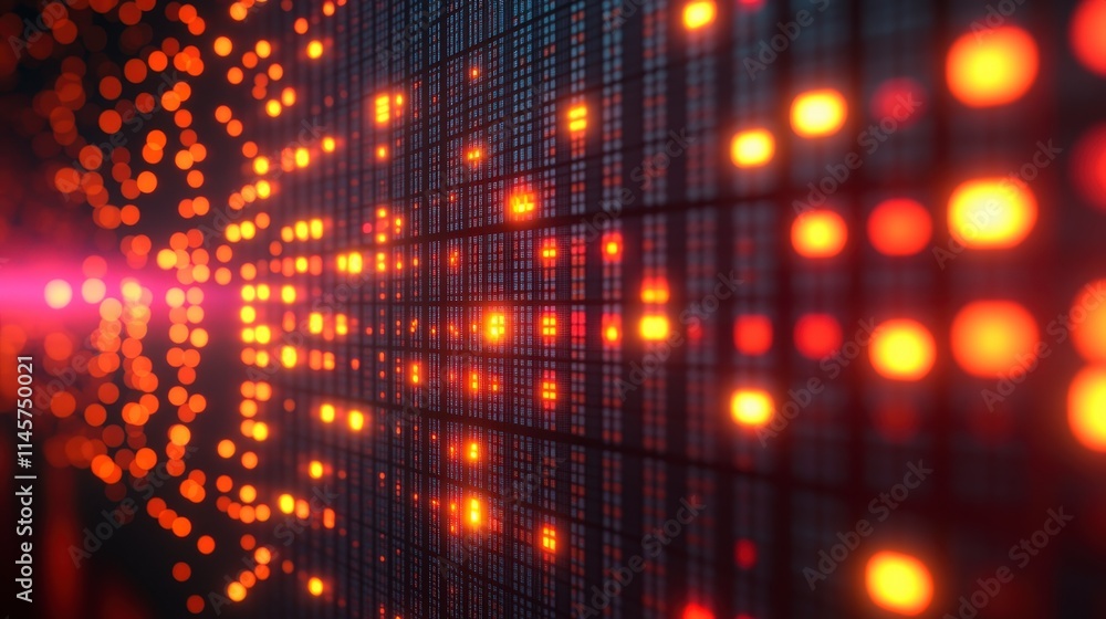 Poster abstract technological background with orange glowing bokeh lights and digital grid. futuristic data