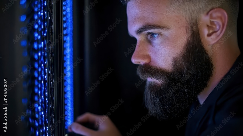 Poster a focused man with a beard observes a computer server rack illuminated by blue lights, indicating a 