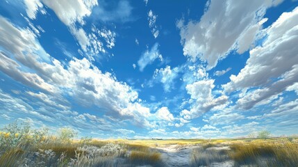 Obraz premium Vibrant Blue Sky with Fluffy Clouds Over Lush Green Landscape in Nature Setting