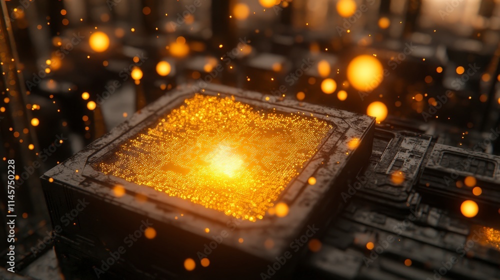 Poster a dark metallic structure houses a glowing square filled with tiny golden lights. orange particles f