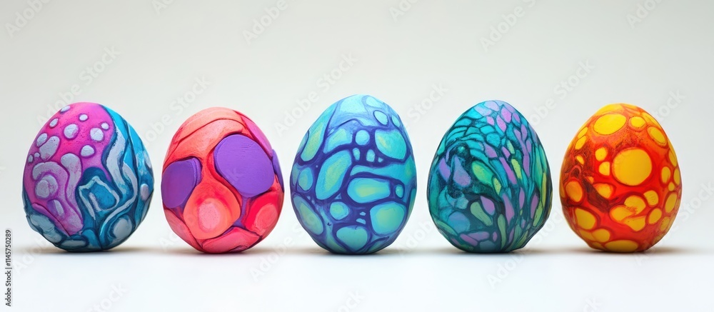 Poster vibrant abstract plasticine easter eggs in a row showcasing colorful patterns and textures for creat