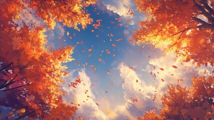 Vibrant autumn maple leaves illuminated by sunlight against a serene blue sky creating a captivating natural scene.