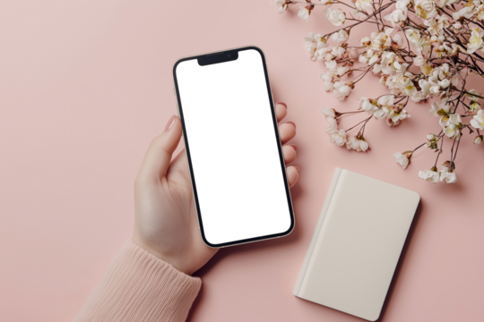 smartphone mockup, women hand, flowers and notebook on the table, transparent screen, png - Powered by Adobe